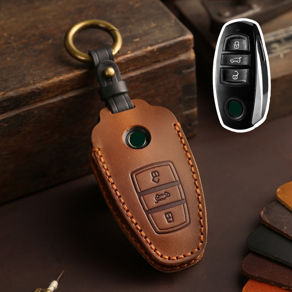 Carsine Volkswagen Touareg Leather Car Key Cover 3 Button Brown / 3 Button