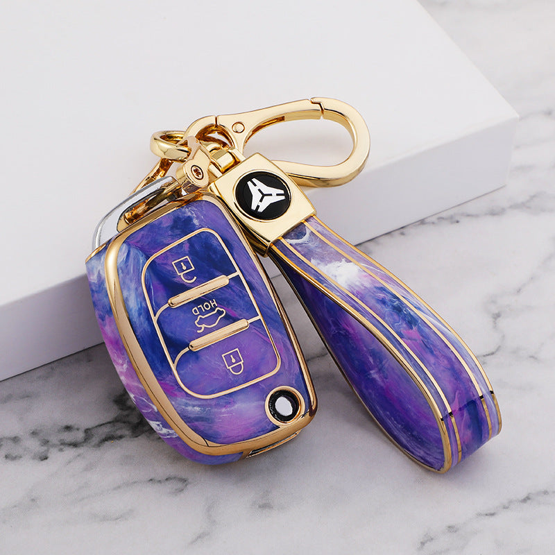 Carsine Hyundai Car Key Case Gold Inlaid With Jade Purple / Key case + strap