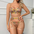 Khakifarbenes, sexy Dessous-Set, 4-teilig: T-Back mit Beinringen, G-String und Tanga