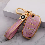 Carsine Citroen Peugeot Car Key Case Gold Inlaid With Jade Pink / Key case + strap