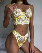 Einfarbiges Spitzen-Camisole-BH-Höschen-Set (2-teilig) mit String-Tanga