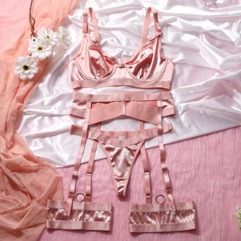 Lotuswurzel-rosa sexy Damenunterwäsche mit Strumpfhaltern, G-String, Tanga