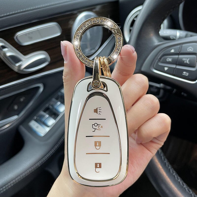 Carsine Chevrolet Car Key Case Golden Edge White / Key case + O chain